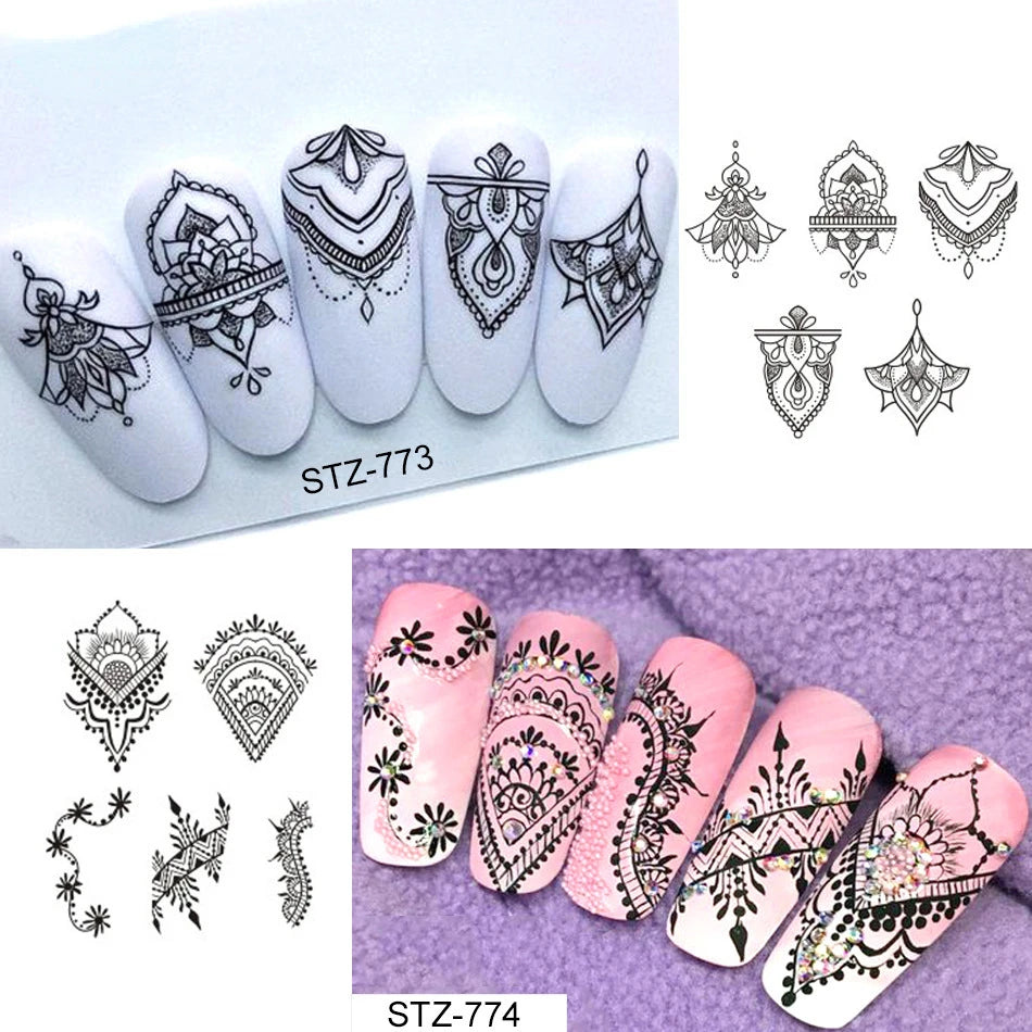 Nails Water Decals Abstract Pattern Nail Stickers Color Block Lines Leaf Flowers Sliders Manicures Foils Tips Black Art  Uñas