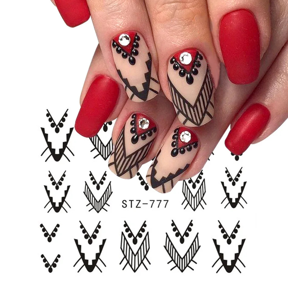 Nails Water Decals Abstract Pattern Nail Stickers Color Block Lines Leaf Flowers Sliders Manicures Foils Tips Black Art  Uñas